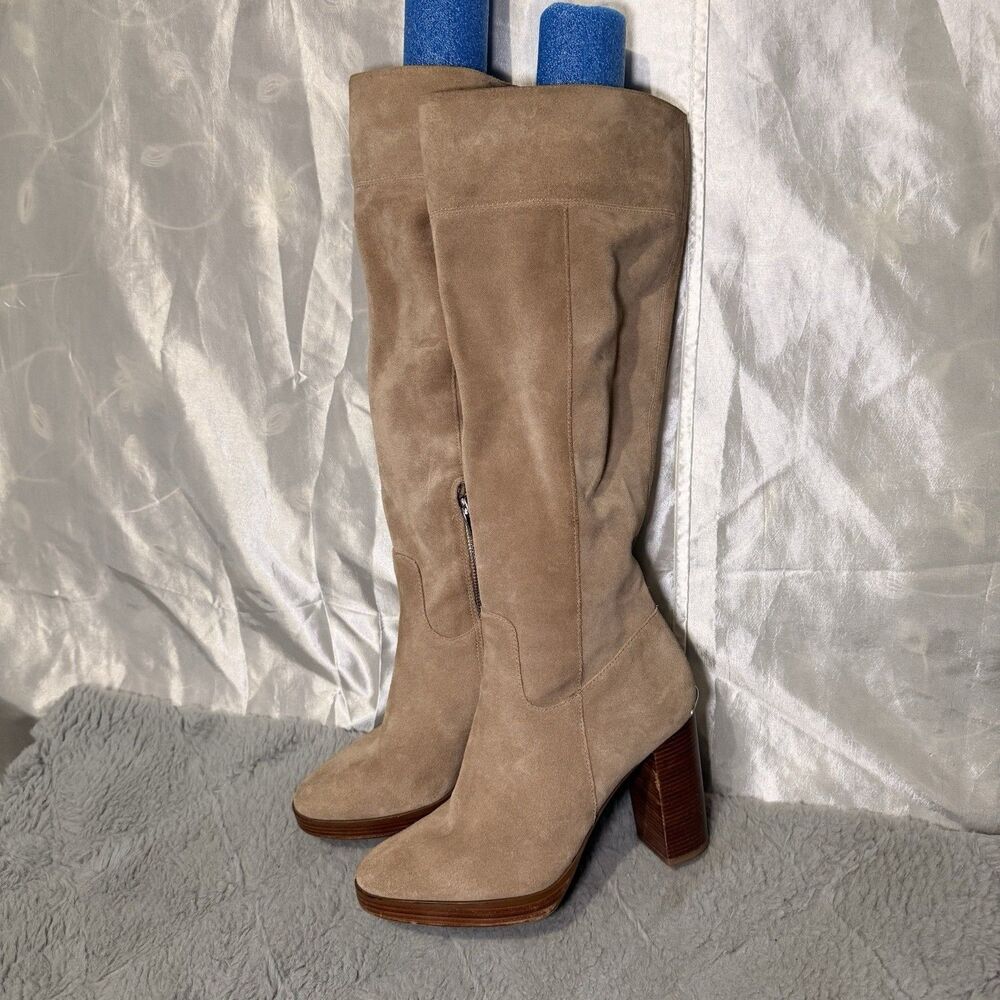Michael Kors Regina Suede Knee High Boots 10M Beige Block Heel Boho Western